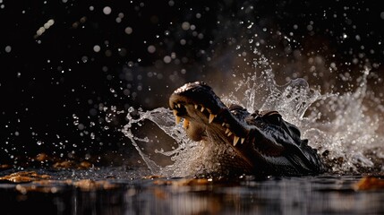 Crocodile lurking in dramatic ambiance with water splash - obrazy, fototapety, plakaty