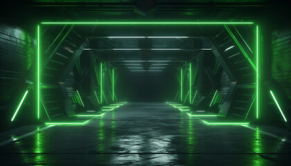Futuristic neon laser glowing bunker with green lights and concrete walls