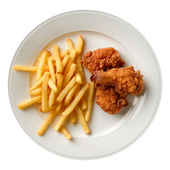 Fried chicken and french fries in white plate