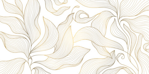 Vector gold leaf background pattern, floral abstract luxury art deco design. Premium elegant jungle line illustration. Fancy tropic summer ornament. - 733647872