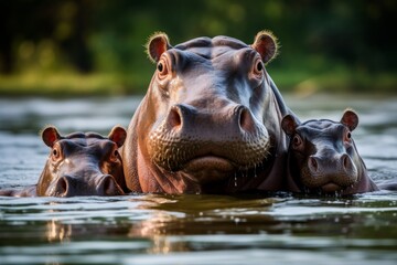 Family of hippos enjoying river in stunning african safari landscape at national park