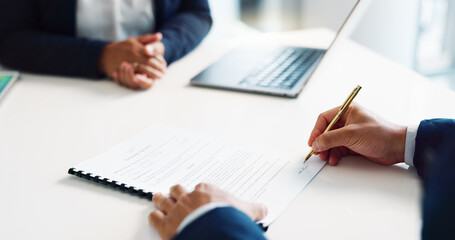 Professional hands, clients and documents signature for legal contract, agreement and office...