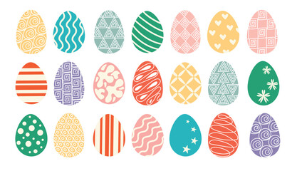 A large set of colored Easter eggs, with beautiful ornaments, geometric elements, stripes, circles, stars, waves and abstract spots. Hand drawn vector illustration of Easter eggs.
