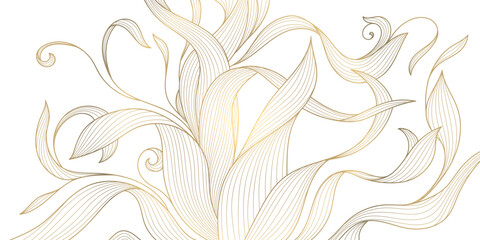 Vector gold leaf background pattern, floral abstract luxury art deco design. Premium elegant jungle line illustration. Fancy tropic summer ornament. - obrazy, fototapety, plakaty