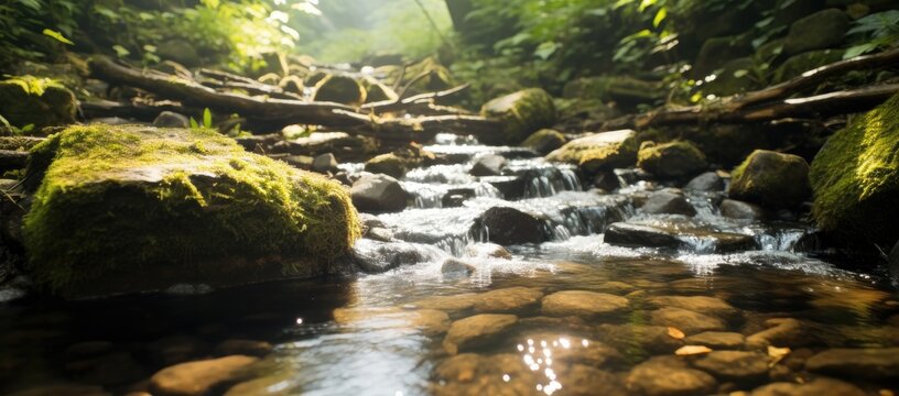 small river in the forest, with flowing water and stones