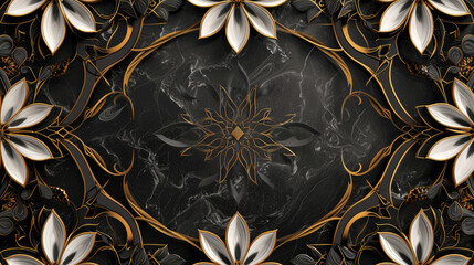 vintage ebony black background with gold ornament, mandala 3d wall decorative, metal flower wall decoration