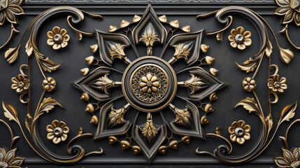 vintage ebony black background with gold ornament, mandala 3d wall decorative, metal flower wall decoration