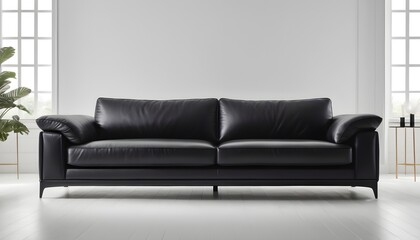 Black modern sofa in an empty white room
