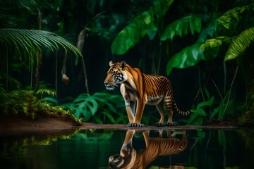 A serene and realistic portrayal of diverse jungle fauna, captured with perfect lighting to highlight the natural behavior and habitats of various animals amidst the lush greenery 