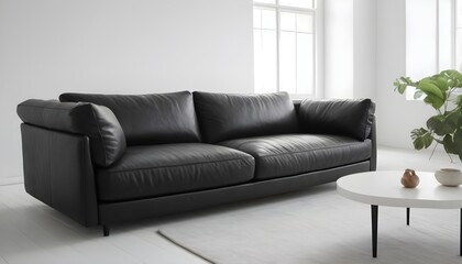 Black modern sofa and coffee table in an empty white room