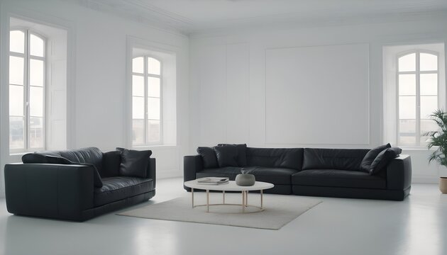 Two black modern sofas and a coffee table in an empty white room