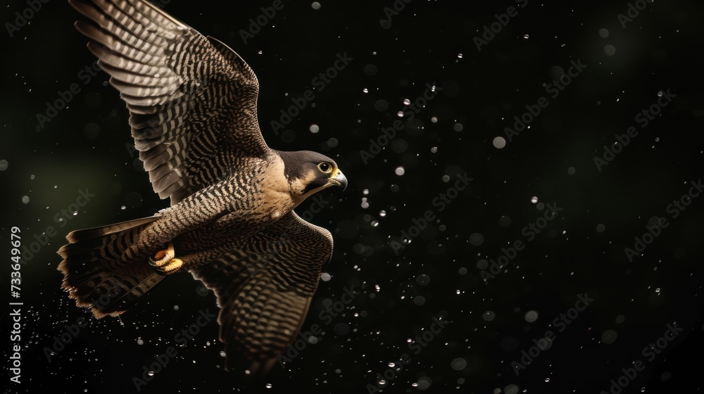 Wall mural Falcon surrounded by dynamic water droplets in mid-air against dark backdrop