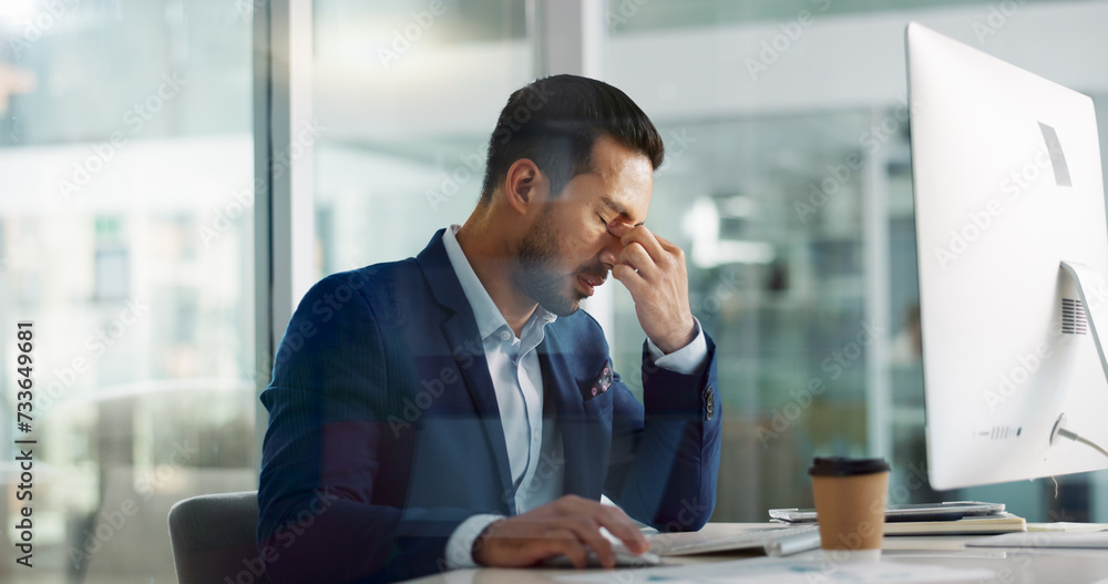 Poster business man, headache and tired on computer for information technology, online planning and office 