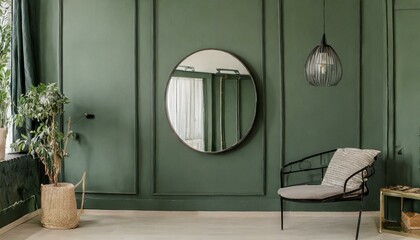 Serenity in Green: A Contemporary Minimalist Interior with Mirror Accents"