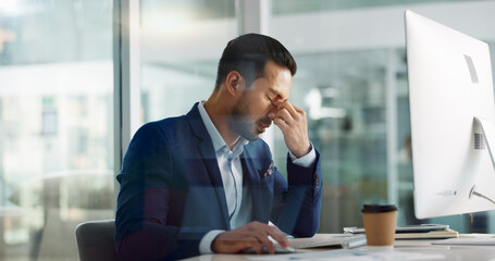 Business man, headache and tired on computer for information technology, online planning and office...