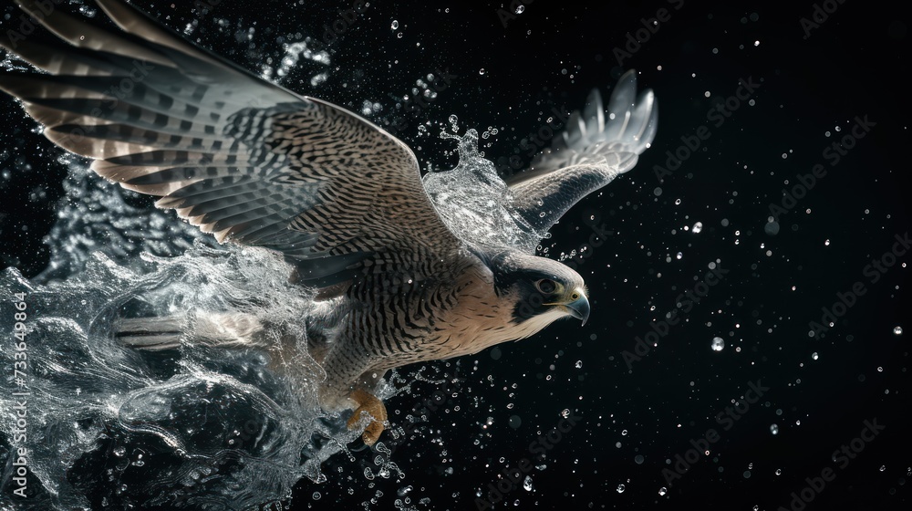 Wall mural Falcon in flight surrounded by water splash against dark backdrop - Wall murals