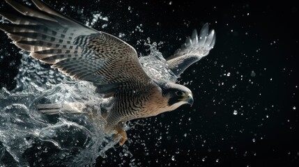 Falcon in flight surrounded by water splash against dark backdrop