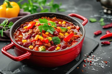 Mexican hot chili con carne, beans, minced meat and vegetables stew in tomato sauce
