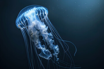 Beautiful Jellyfish gently moving in blue ocean all alone