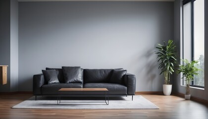 Black sofa in modern design living room, plants near the window