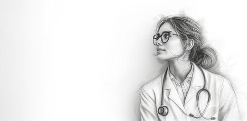 Line art sketch of female in glasses caucasian doctor wearing stethoscope isolated on bright white background. Copy space, banner. - obrazy, fototapety, plakaty