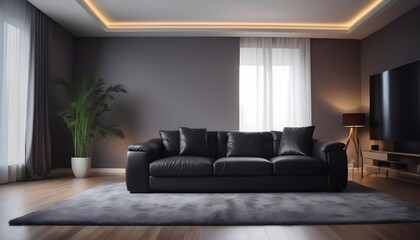 Black sofa in modern design living room, led lights above