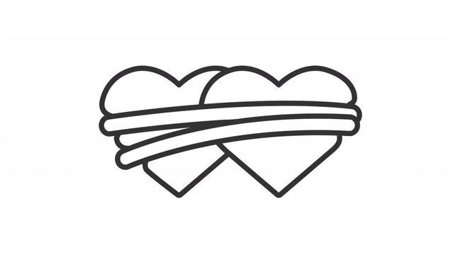 Tied up hearts line animation. Codependent relationship animated icon. Community mental compassion, companionship. Black illustration on white background. HD video with alpha channel. Motion graphic