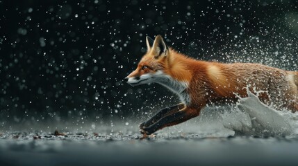 Obraz premium Red fox with water splash on black backdrop
