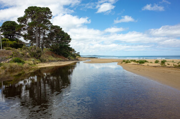 Erskine River with brown water near Lorne Beach flows into the ocean. Lorne is a popular resort towns and the beach is a famous tourist sightseeing attraction on the Great Ocean Road, VIC Australia.