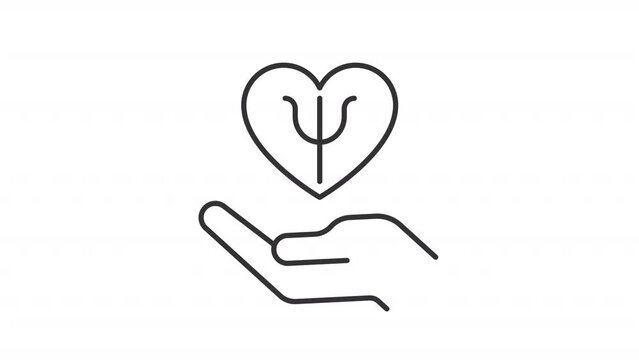 Holding psi heart line animation. Self care animated icon. Emotional balance, wellbeing. Stress management. Black illustration on white background. HD video with alpha channel. Motion graphic