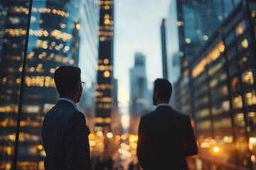 Close up abstract business background with businessmen navigating the cityscape, Interacting and collaborating