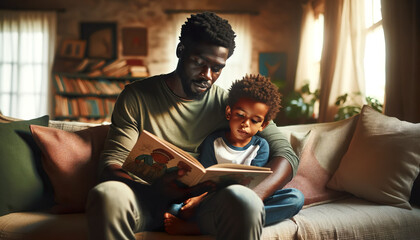 African father reading a book to his children.Reading to young children is proven to improve cognitive skills and help along the process of cognitive development and Improved language skills