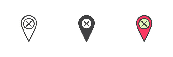 Map pin with cross mark different style icon set