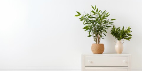 Chest of drawers with house plants, white wall, copy space