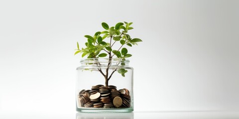 Coins in the glass with tree growing out of it. Investment concept