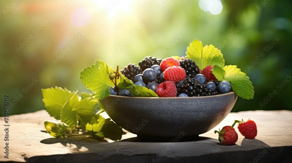 Poster fresh berries in a bowl on a table with sunlight. generative ai.