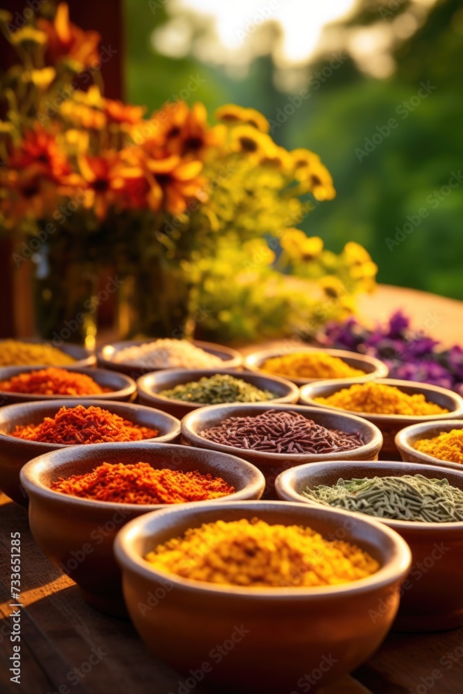 Poster many bowls of spices are arranged on a table. generative ai.