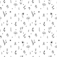 Seamless vector background with hand-drawn wild grasses, flowers and leaves on white. Floral illustration in the Doodle style.