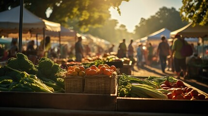 A farmer's market with people walking around. Generative AI.
