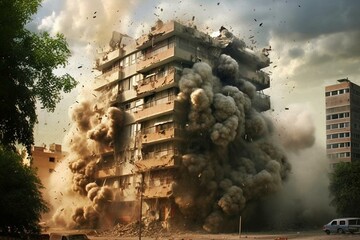 A tragic event where terrorists bomb a residential building during war. Generative AI