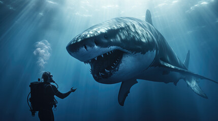 A man in a scuba suit is standing next to a great white shark. Generative AI.