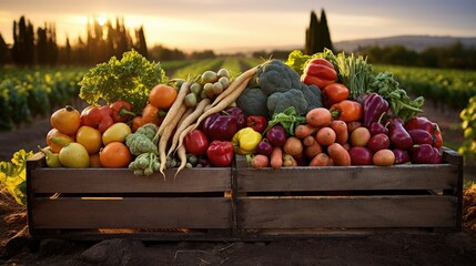 A crate full of fresh vegetables and fruits. Generative AI. - Powered by Adobe