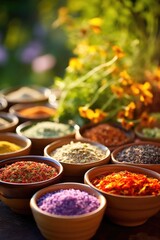 Obraz na płótnie Canvas A variety of colorful spices in bowls. Generative AI.