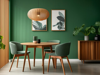 Elegant Dining Room with Green Walls, Wooden Furniture and Botanical Prints