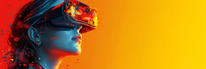 VR headset on a girl in bright colors with copy space. Banner.