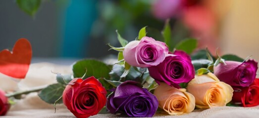 Beautifully arranged colorful bouquet of rainbow roses on blurred background.