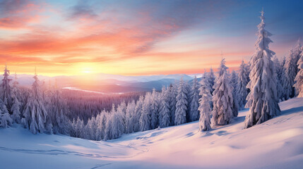 Winter landscape wallpaper with treesn snow and sunset sky