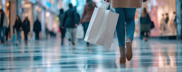 Naklejka premium Woman go shopping mall with bag in her hand. copy space for text.