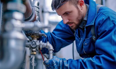 Plumber in blue suit checking or fixing water tubes in heating system in technician room