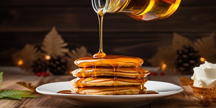 Maple syrup pouring onto pancakes background